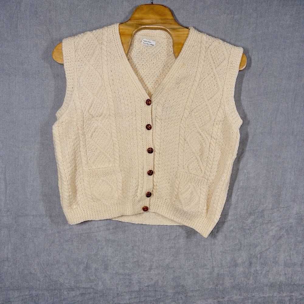 Vtg Aran Wool‎ Cable Knit Handmade Cardigan Sweater Vest Mens XL XXL *Read*